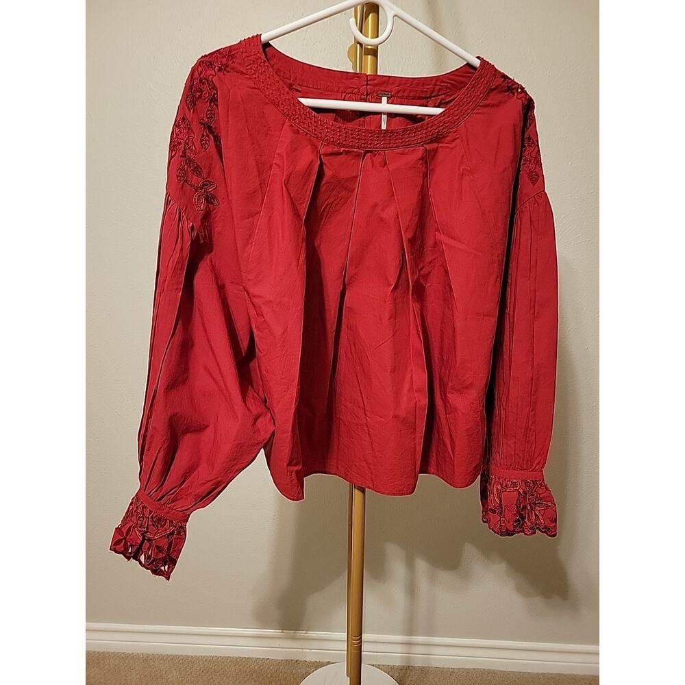 Free People Red Women's Boho Blouse Sz Small Embroidered Cotton Blend